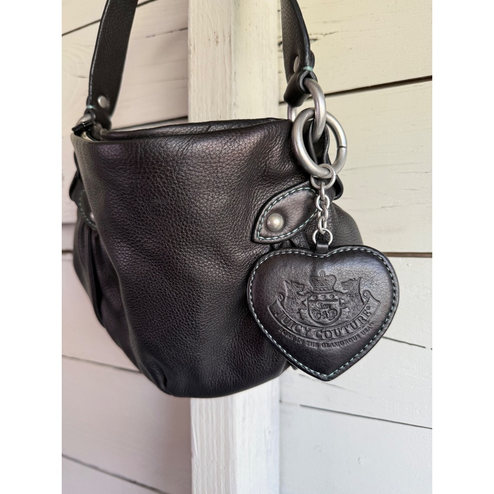 Juicy Couture Black Leather Shoulder Bag Heart Charm Y2K Hobo Bag RN52002 - Picture 2 of 8